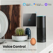 BONDA Smart WiFi Touch Switch with voice control features, compatible with Alexa and Google Home, in a modern kitchen setting.