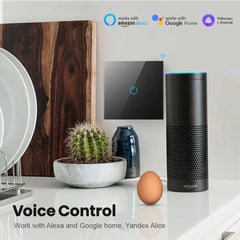 BONDA Smart WiFi Touch Switch with voice control features, compatible with Alexa and Google Home, in a modern kitchen setting.