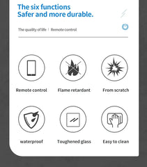 Icons representing the six key functions of the BONDA Smart WiFi Touch Switch: remote control, flame retardant, scratch resistant, waterproof, toughened glass, and easy to clean.